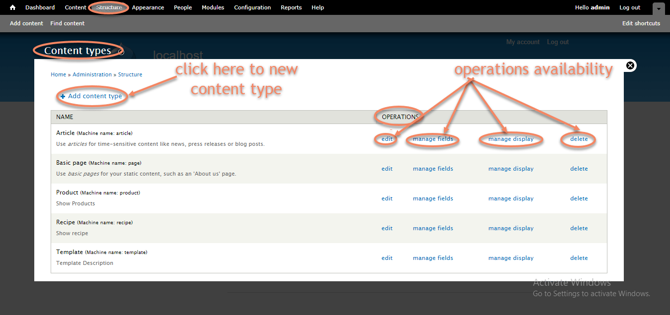 Add Content Types Drupal 8 Admin