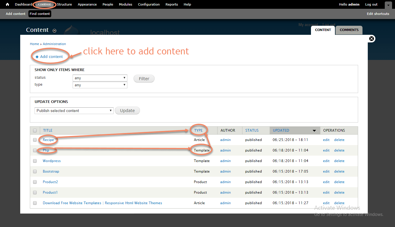Drupal 8 add edit delete content option page