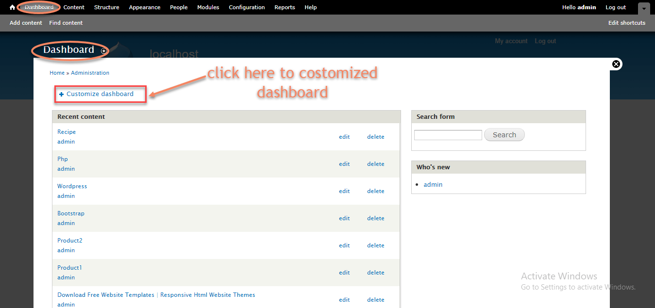 Drupal customize dashboard page