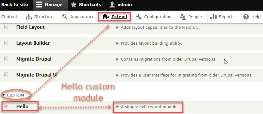 Showing custom hello module on module extend page in drupal 8 admin